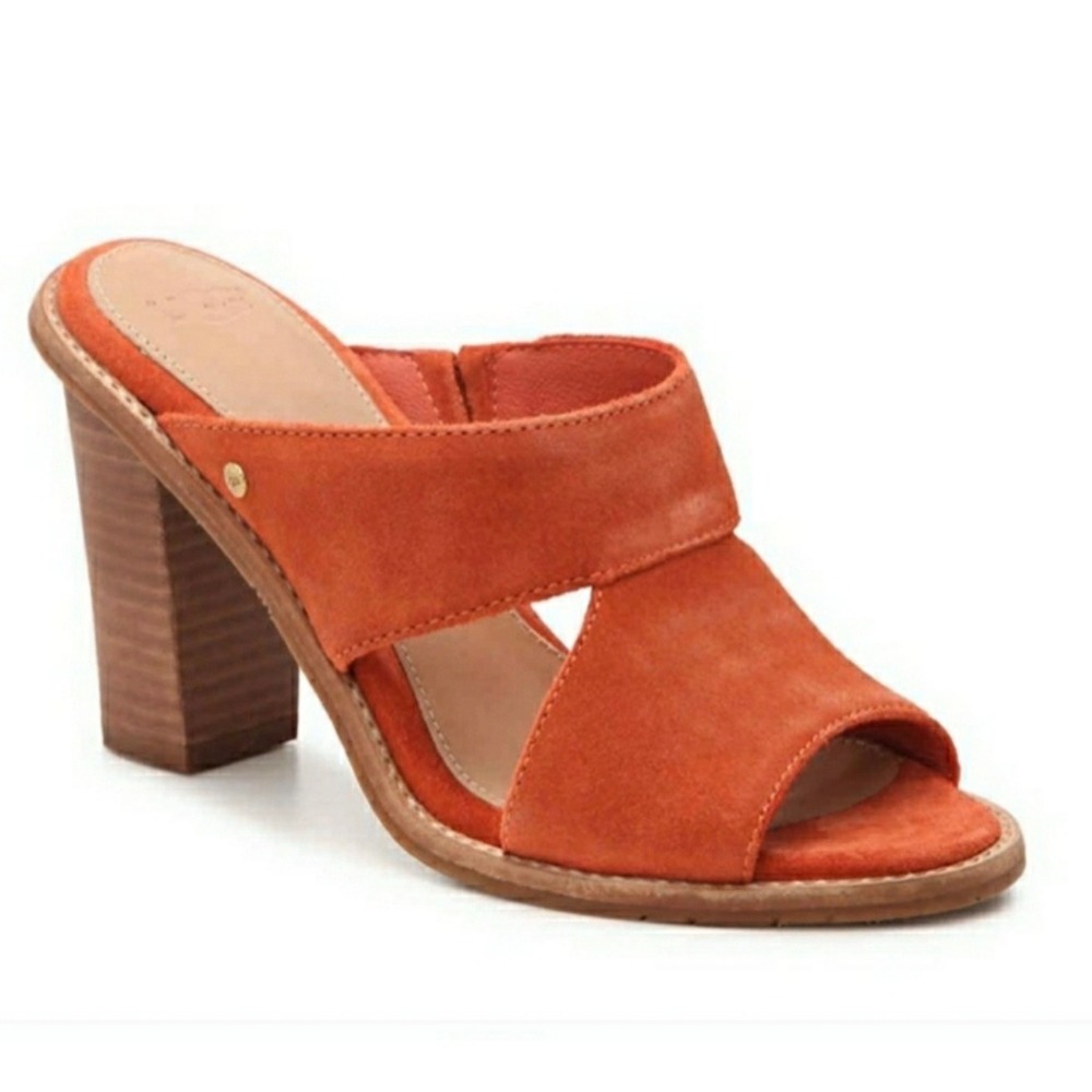 UGG Celia‎ Mule Sandals Womens 9 Orange Suede Stacked Block Heel Open Toe Slide